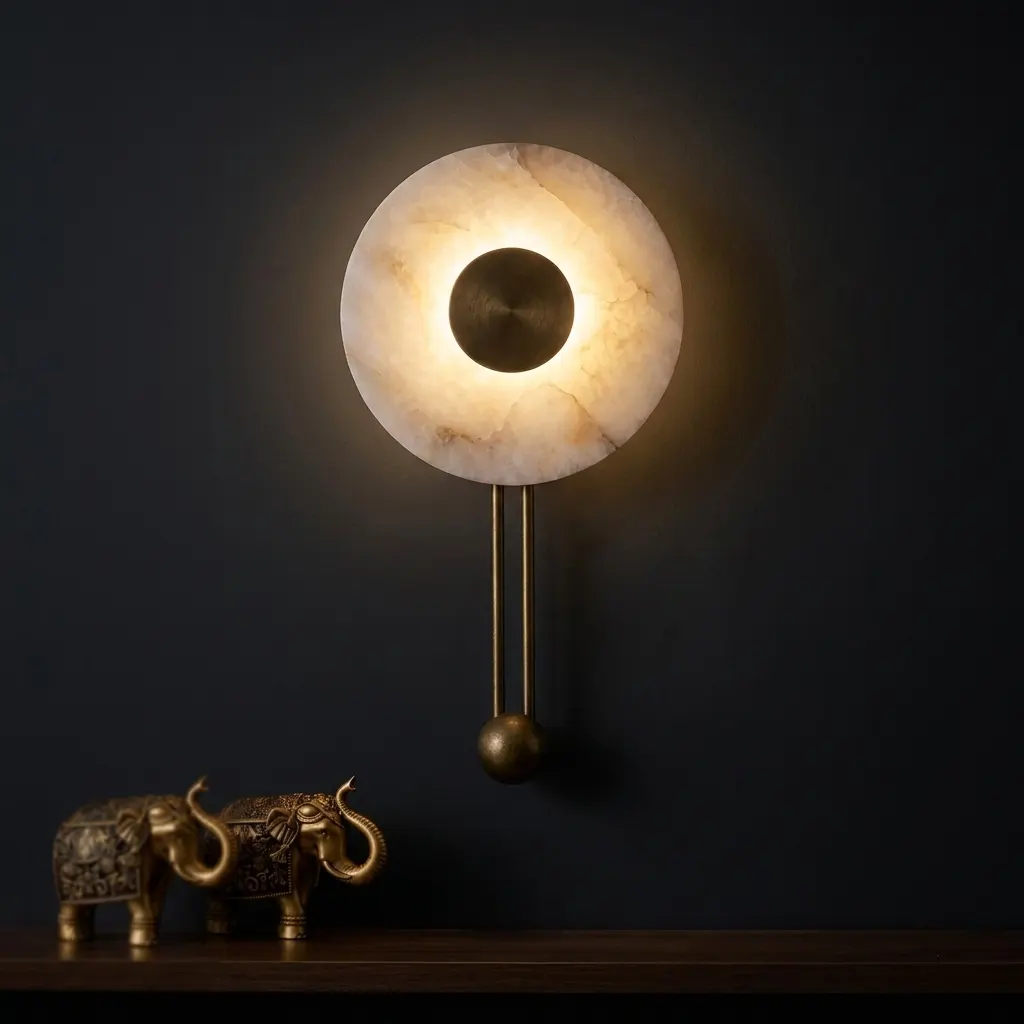 ArtLoka alabaster disc wall sconce with brass ball drop, lit, on a dark charcoal accent wall with brass elephant figurines