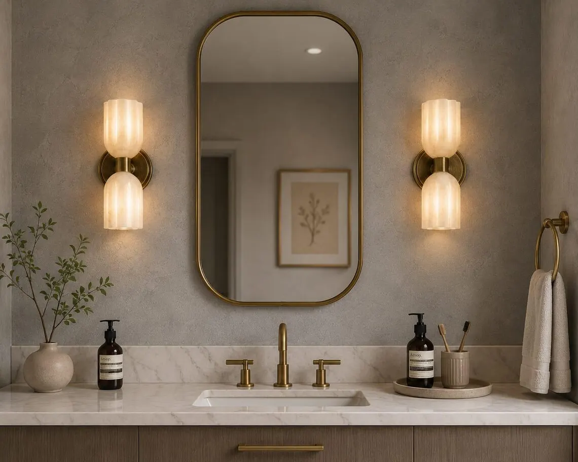 Pair of fluted alabaster double-globe wall sconces flanking a bathroom vanity mirror