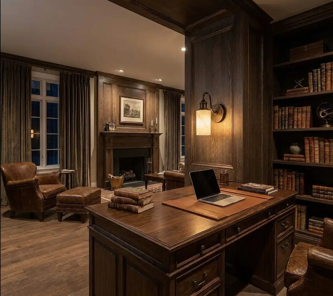 Gooseneck alabaster cylinder wall sconce lighting a wood-paneled home office with bookshelves