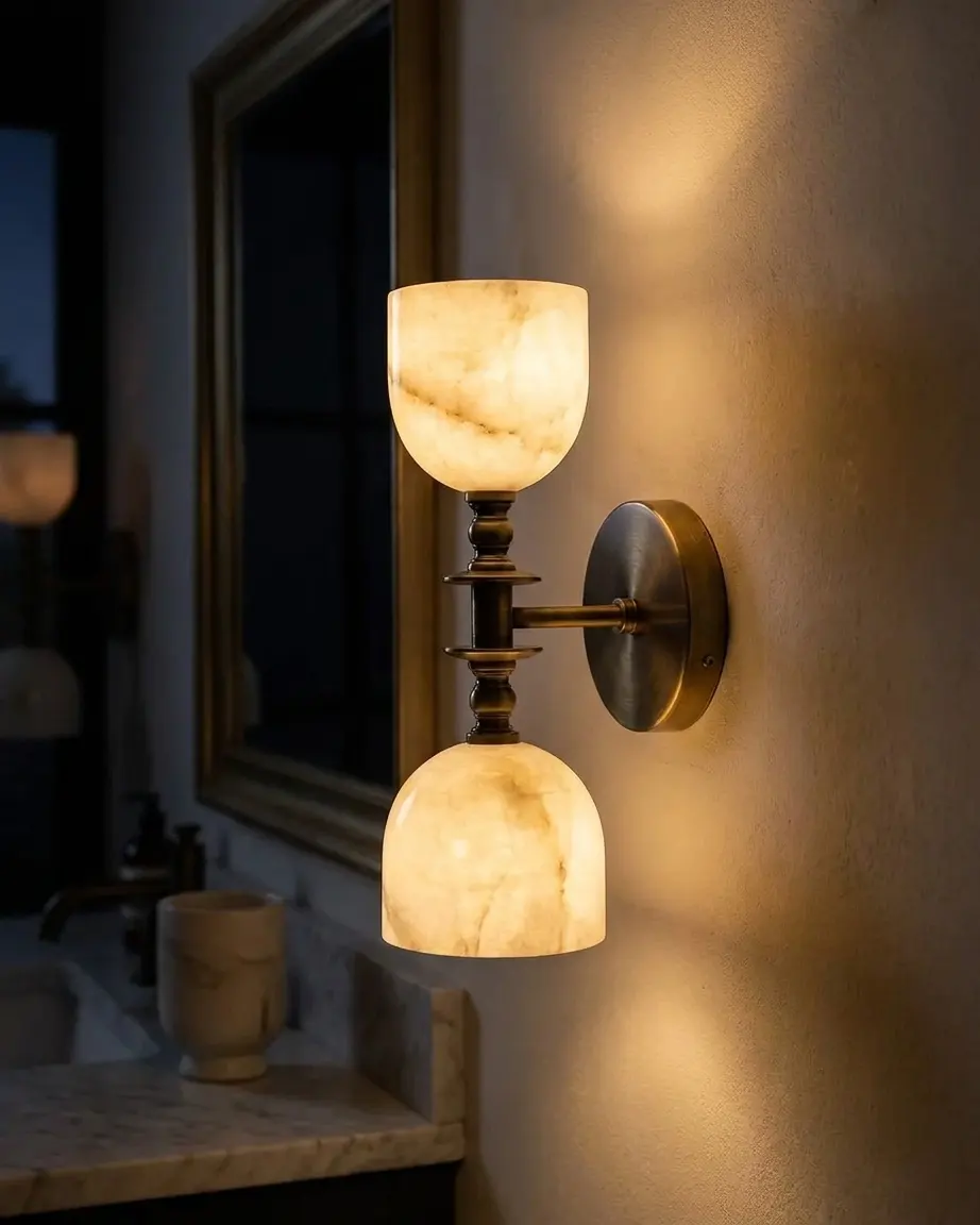Double-goblet alabaster wall sconce glowing beside a bathroom mirror at night