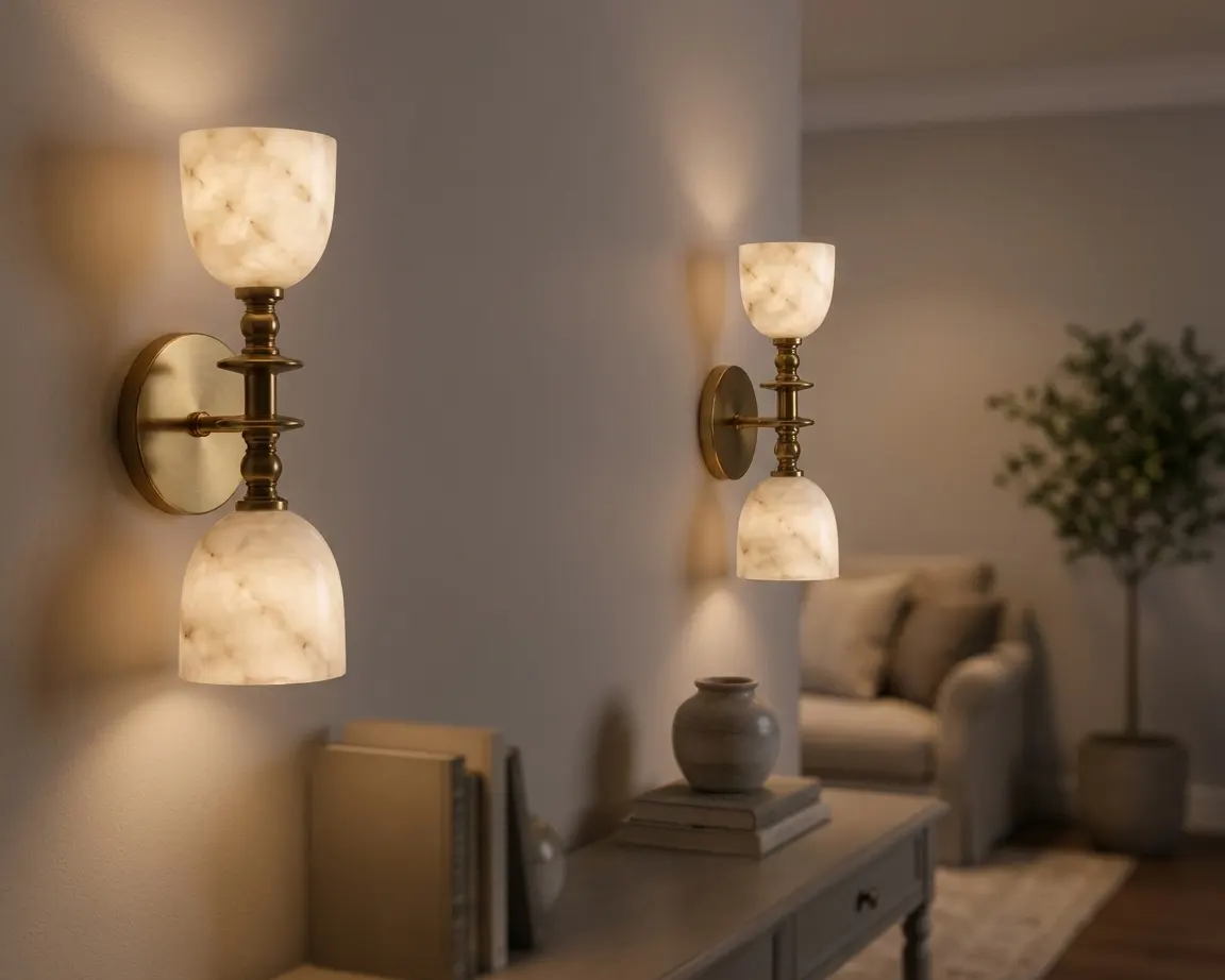Pair of double-goblet alabaster wall sconces flanking a console table in a living room