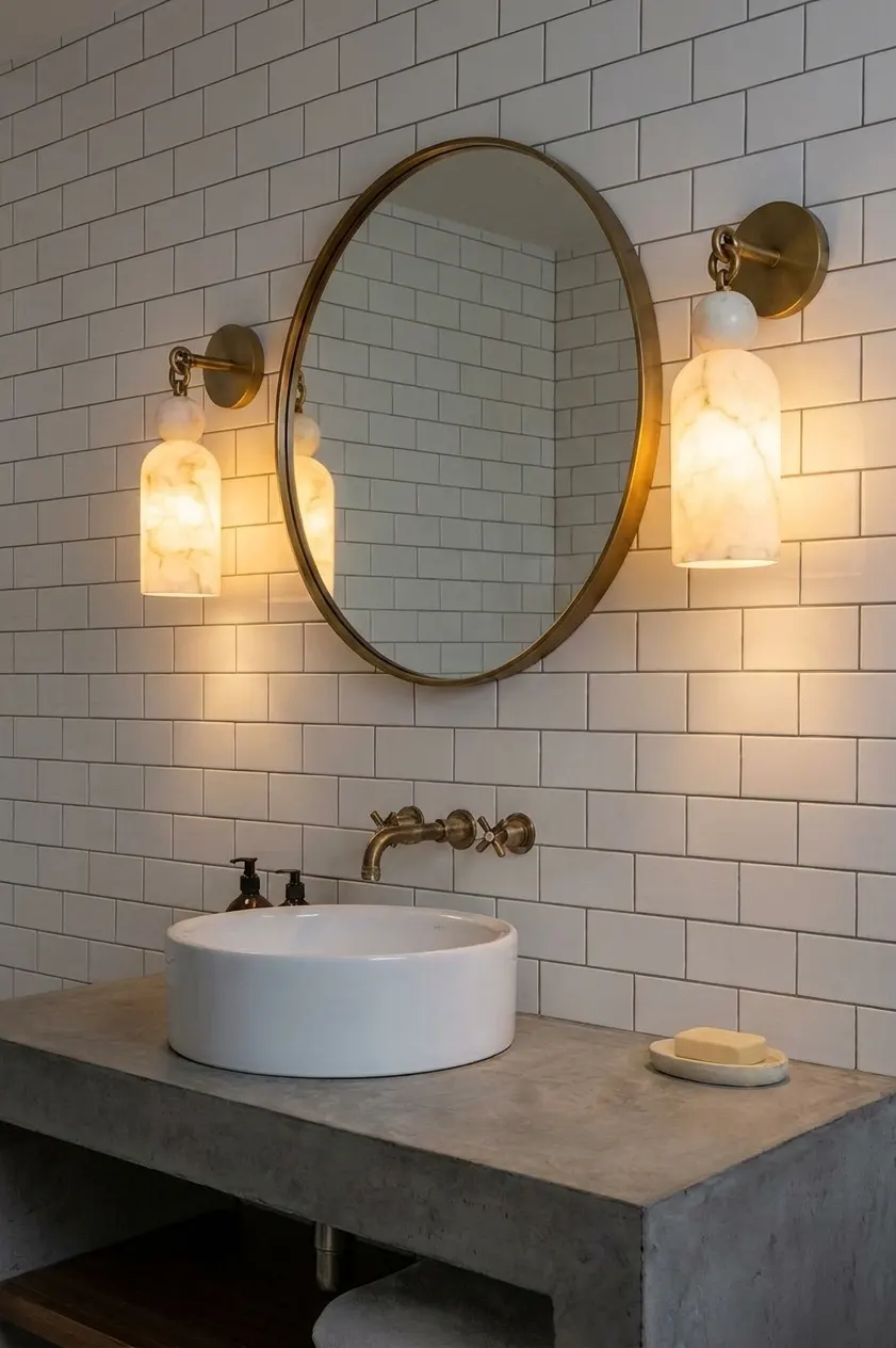 Pair of bell-jar alabaster wall sconces flanking a round mirror above a subway-tile bathroom vanity