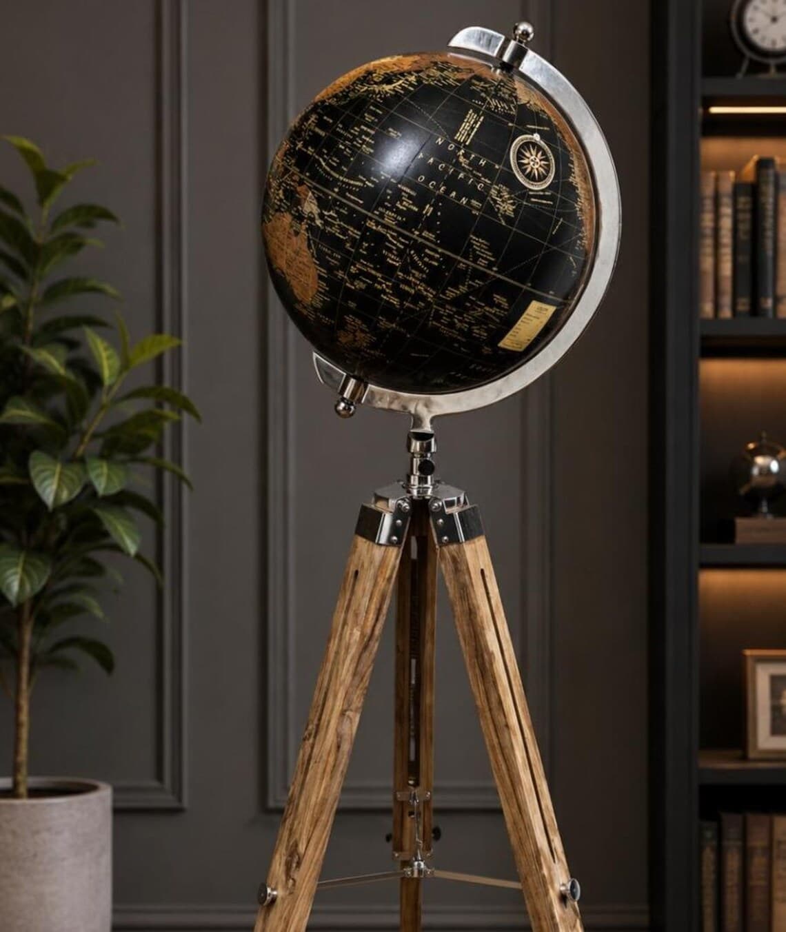 Black and gold world globe on wooden tripod stand (ALK-056) - image 1