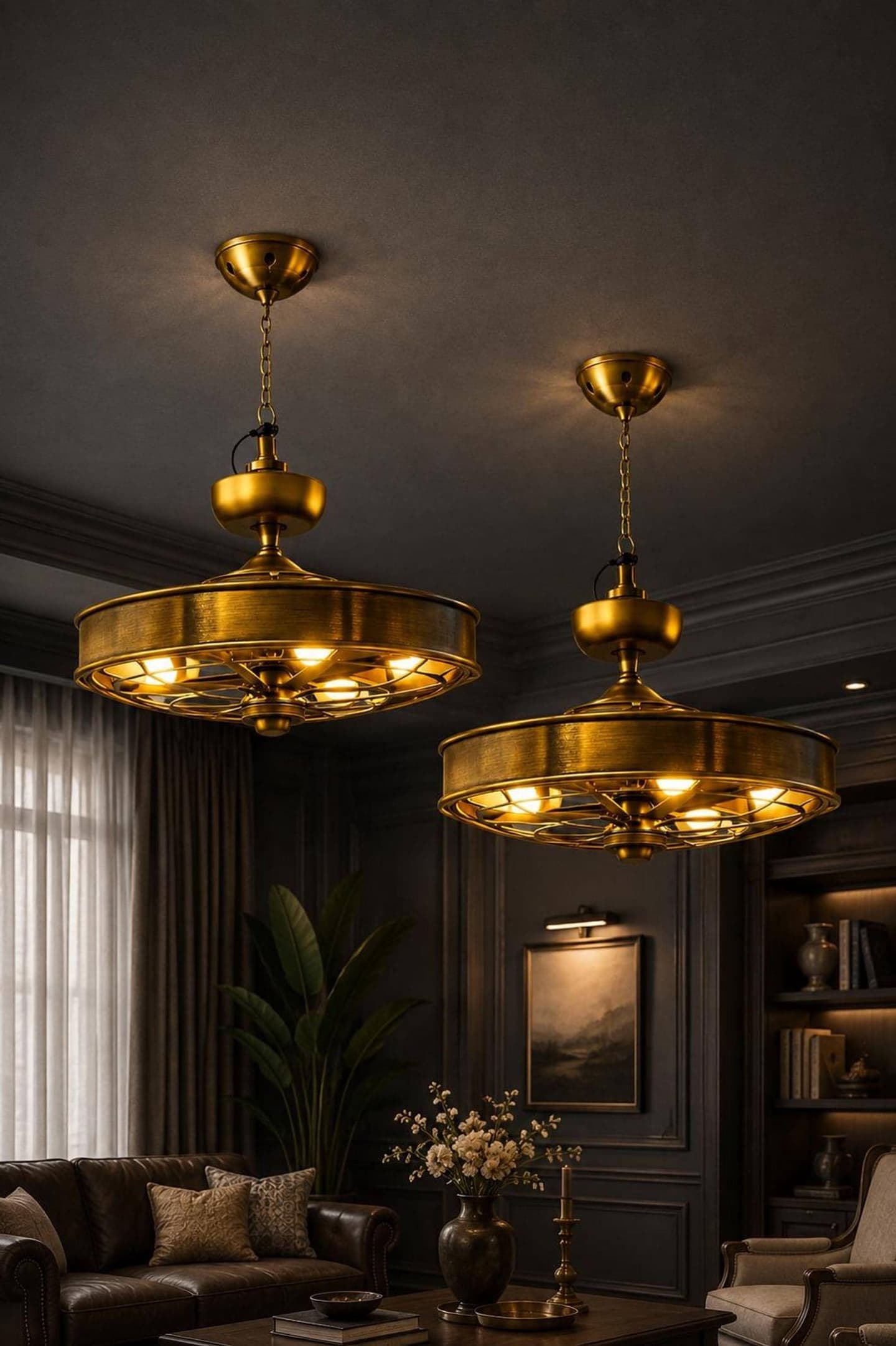Industrial 3-light ceiling fan chandelier with 23-inch metal blade span — image 1 of 9