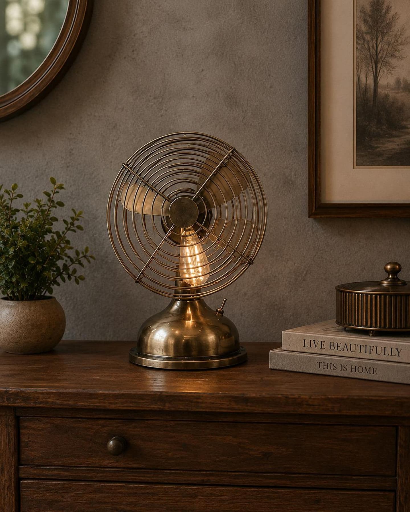 Small vintage brass desk fan with metal cage — image 1 of 6