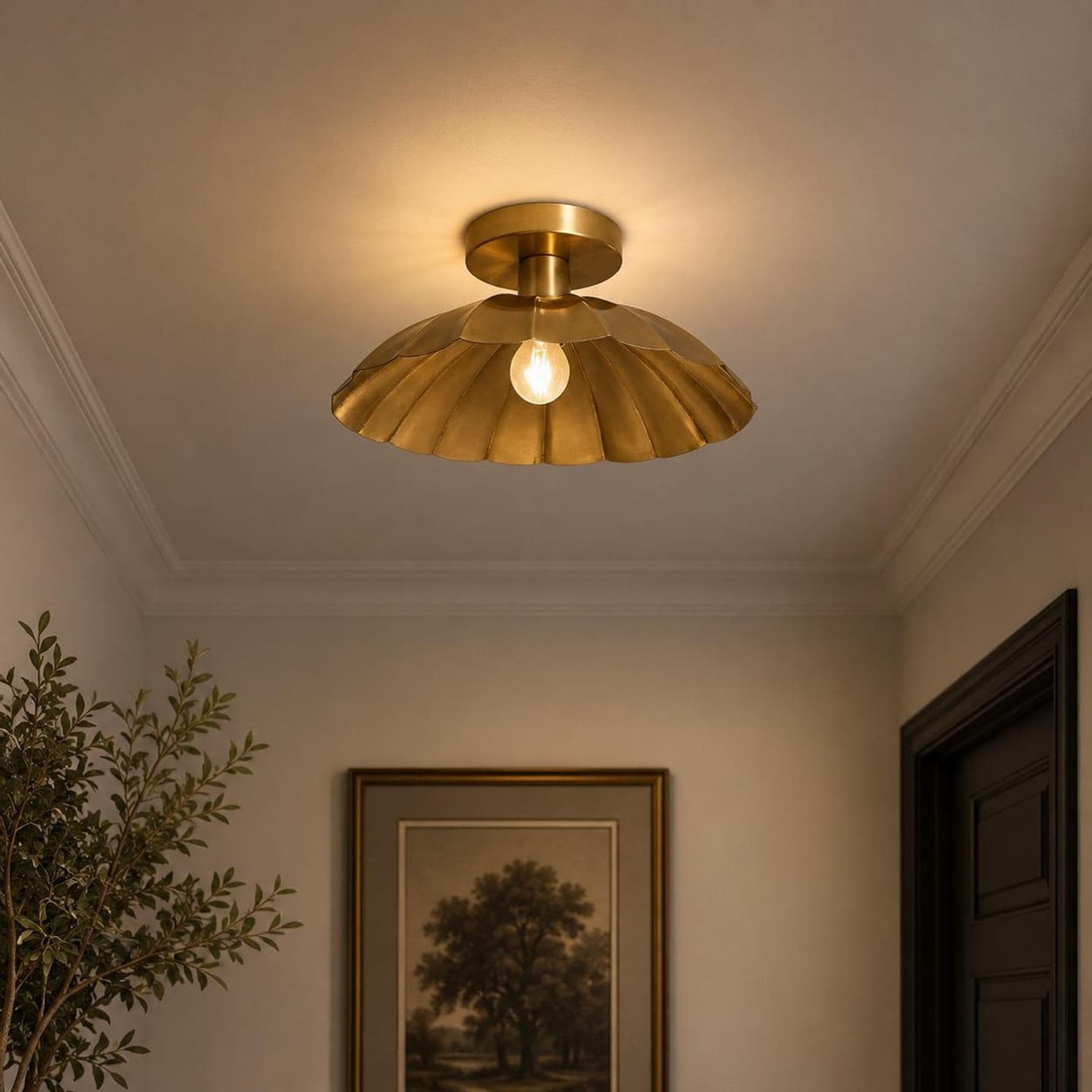 Mid-century brass semi flush mount ceiling light — image 1 of 10