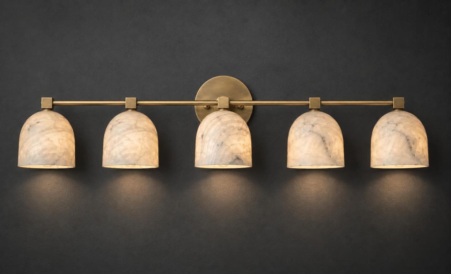 Wide brass vanity light bar with alabaster shades — image 1 of 10