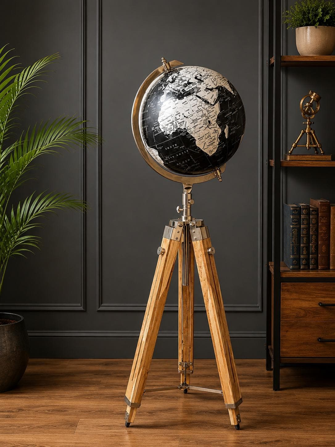 Black world globe with pale cartography and a bright metal meridian ring on a light teak wood tripod floor stand
