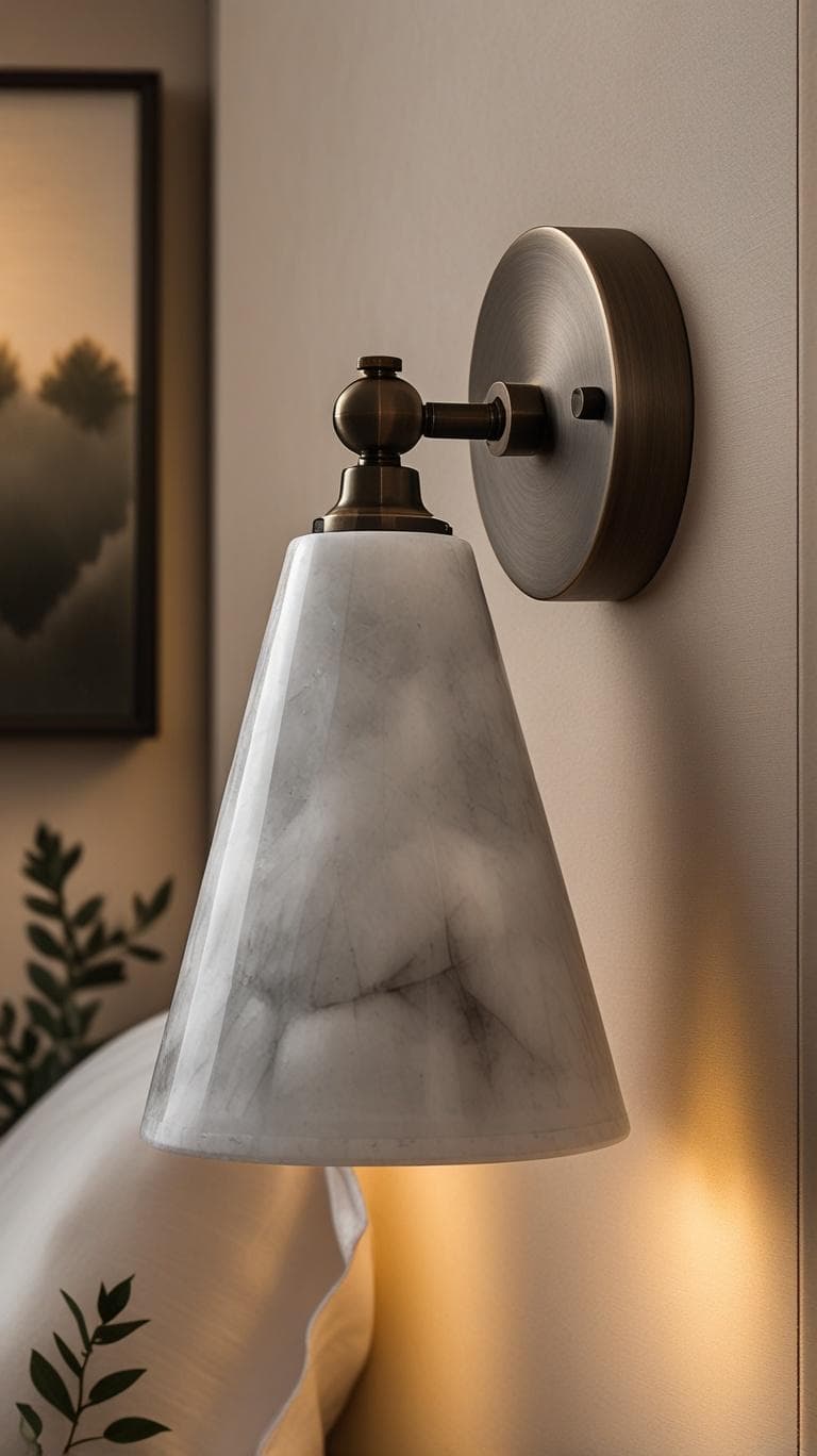 ArtLoka alabaster cone-shade wall sconce close-up, lit, with a softly blurred bathroom and tub in the background
