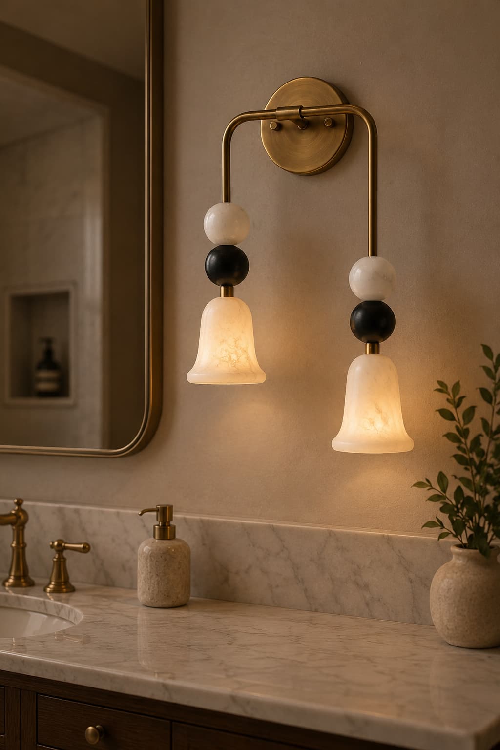 ArtLoka Alabaster Double Wall Sconce, Antique Brass Modern Lamp (ALK-004) - image 1