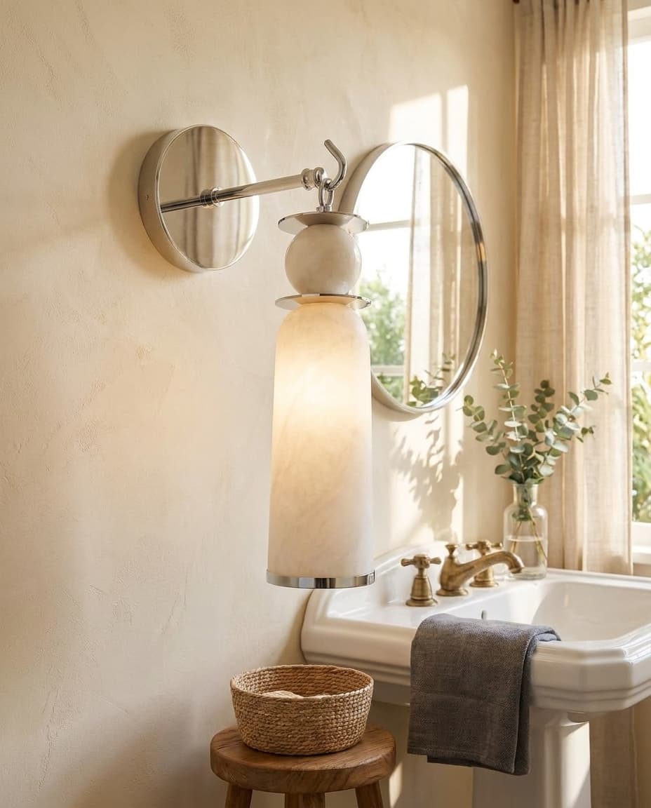 ArtLoka Mid Century Brass Wall Sconce – Handmade Alabaster Shade Lamp, Modern Bedroom Wa (ALK-014) - image 1