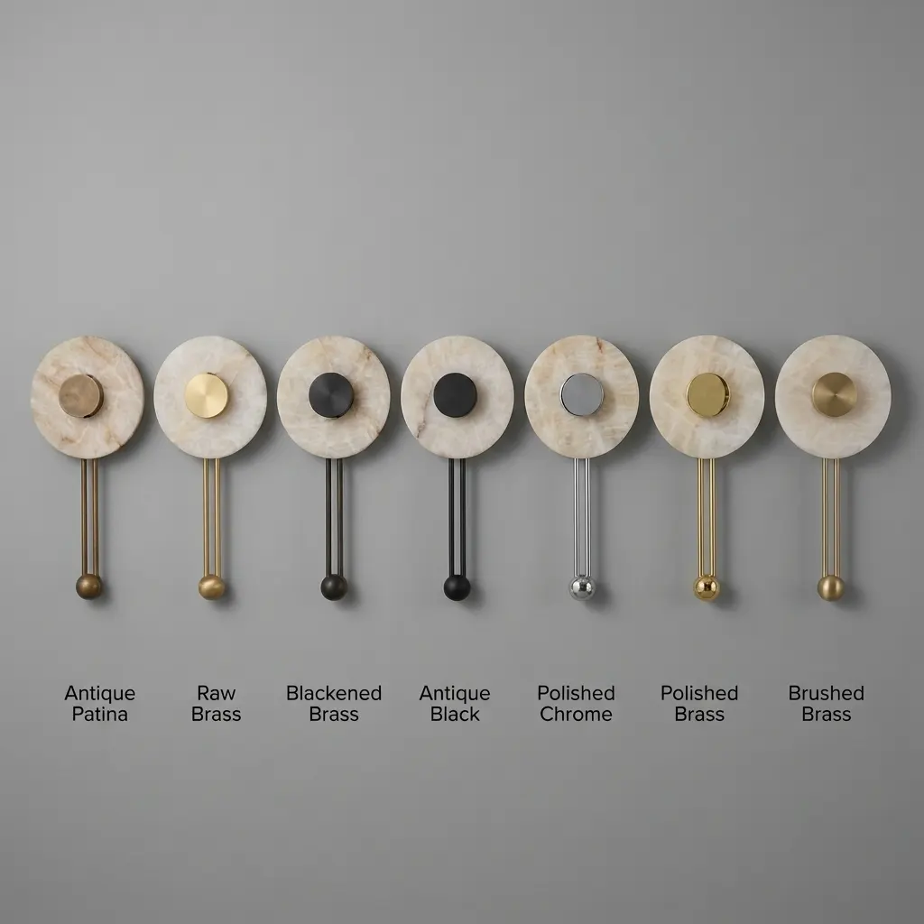 Alabaster disc wall sconce shown across seven finish options: Antique Patina, Raw Brass, Blackened Brass, Antique Black, Polished Chrome, Polished Brass, Brushed Brass
