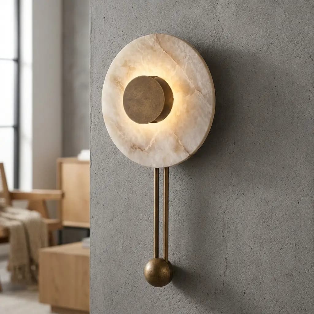 Alabaster disc wall sconce mounted on a textured concrete wall in a modern living room
