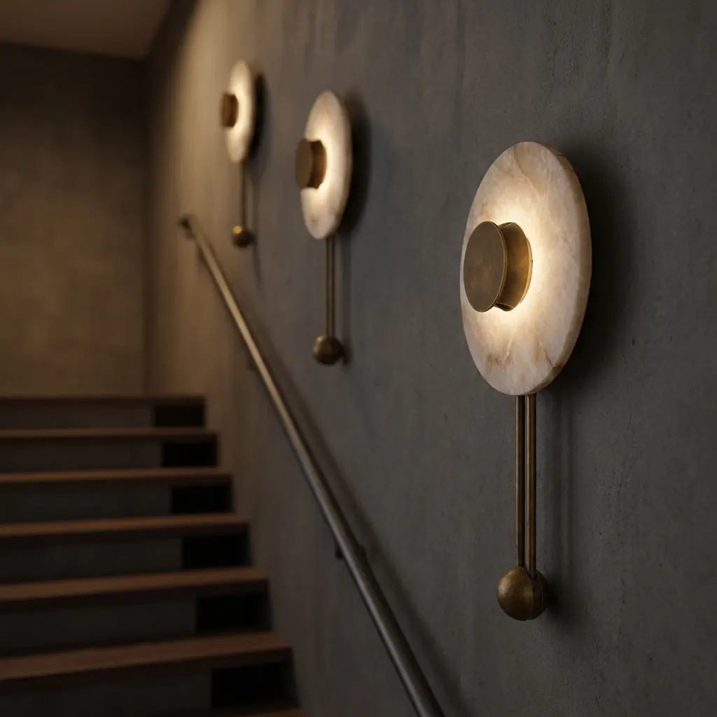 Three alabaster disc wall sconces lighting a staircase wall at dusk