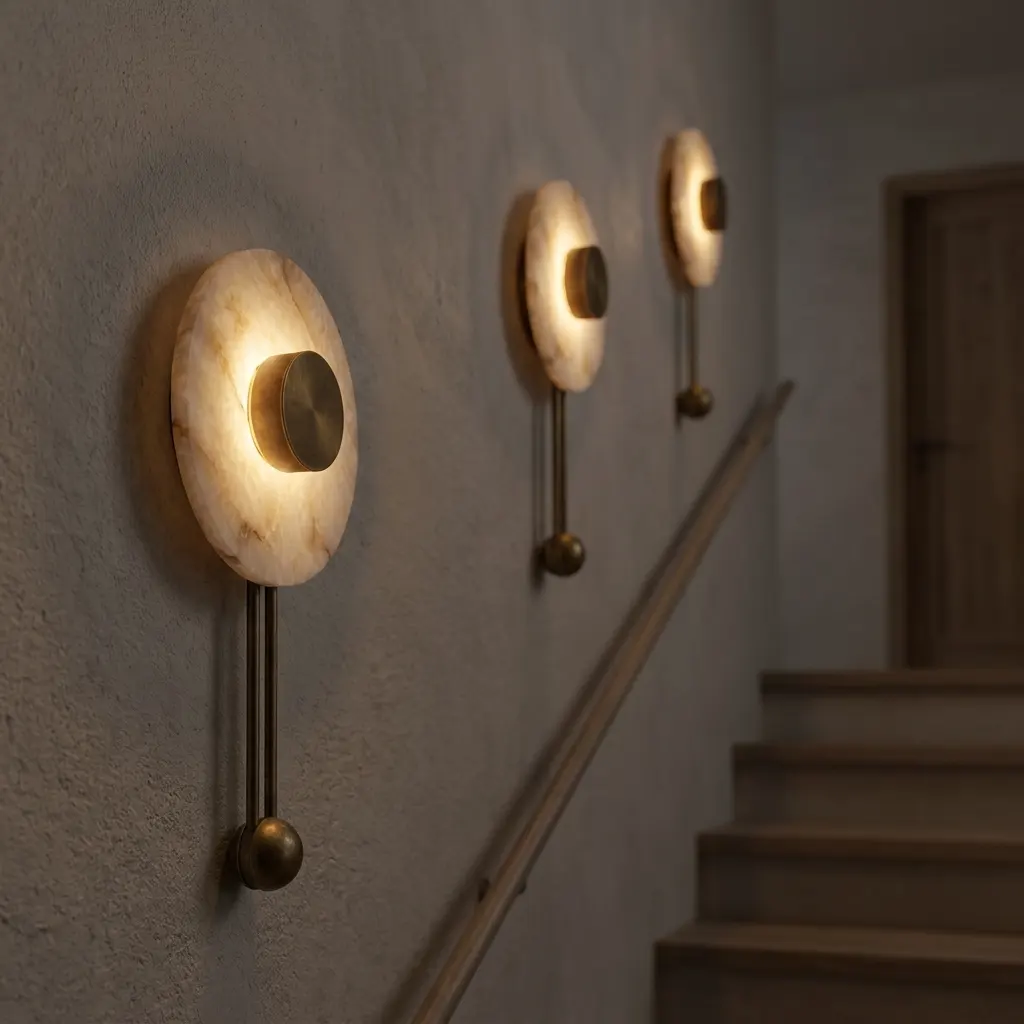 Three alabaster disc wall sconces along a stucco stairway wall with warm ambient glow