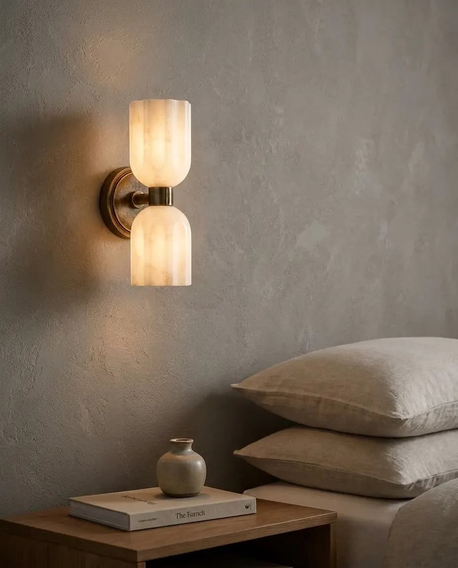 Fluted alabaster double-globe wall sconce beside a bed with linen pillows