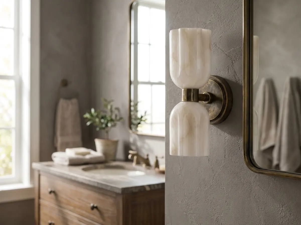 Fluted alabaster double-globe wall sconce mounted beside a bathroom mirror and vanity