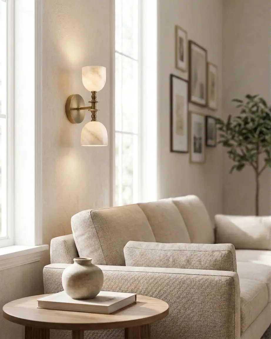Double-goblet alabaster wall sconce lighting a bright living room seating area