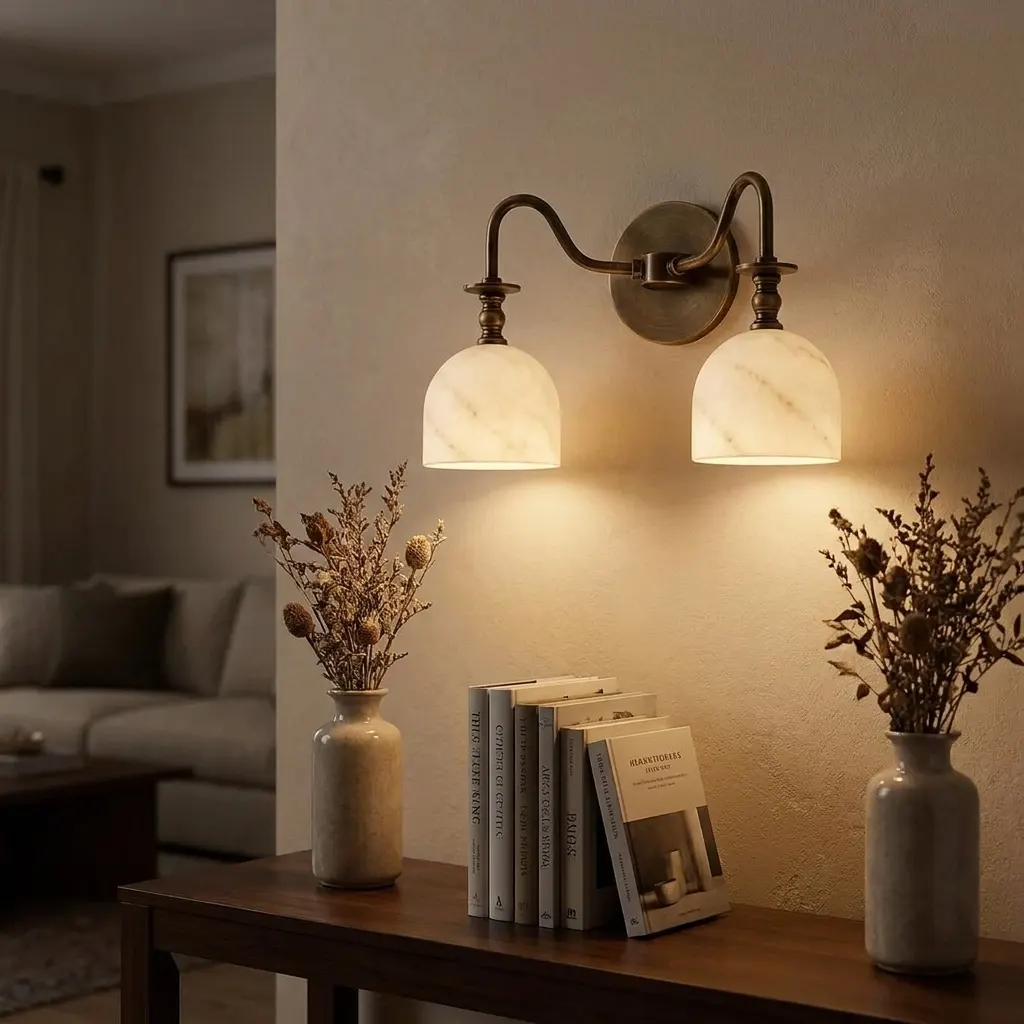Twin-arm alabaster bell-shade wall sconce above a console table with dried flower arrangements