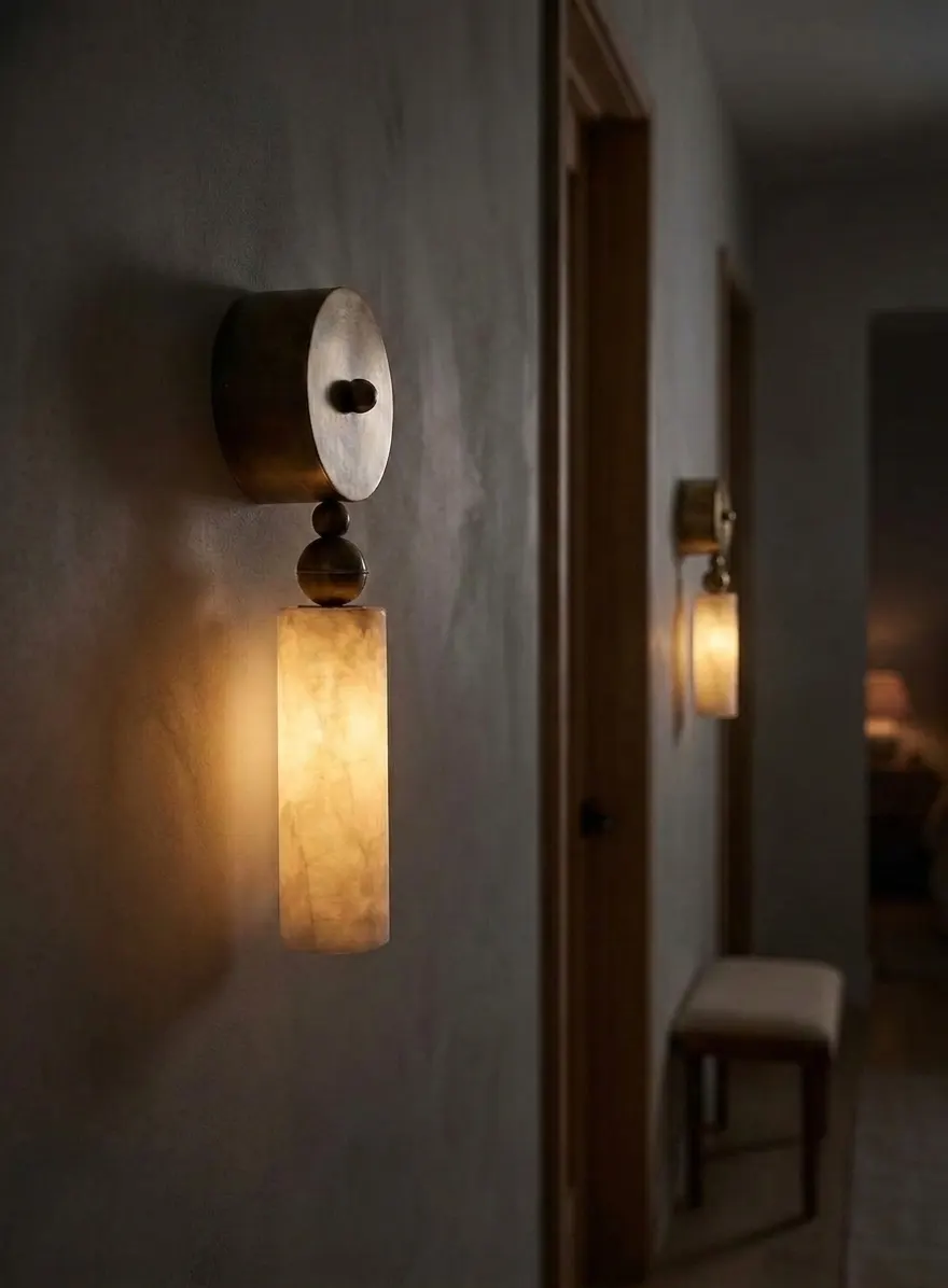 Alabaster ball-and-cylinder pillar wall sconces lighting a hallway at night