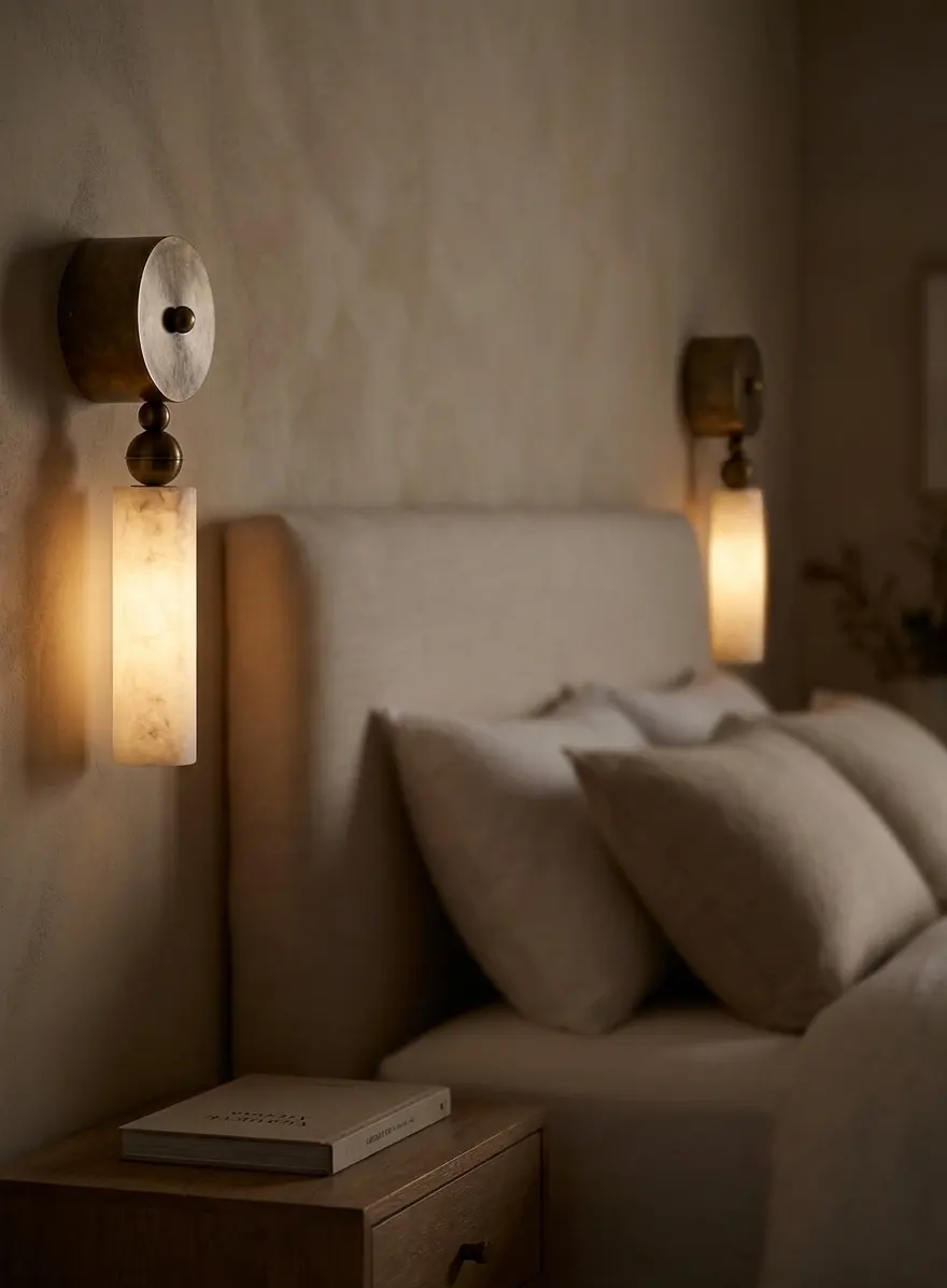 Pair of alabaster ball-and-cylinder pillar wall sconces flanking a bed headboard