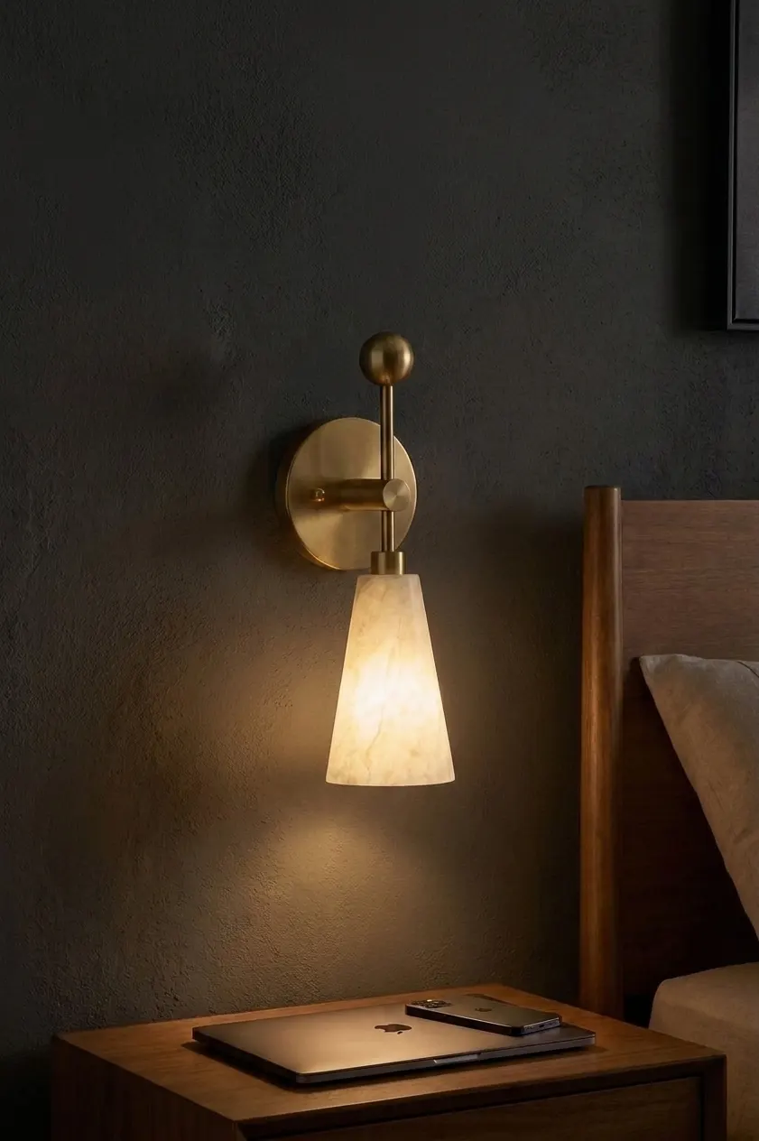 Ball-finial alabaster cone-shade wall sconce beside a bed with a laptop and notebook on the nightstand