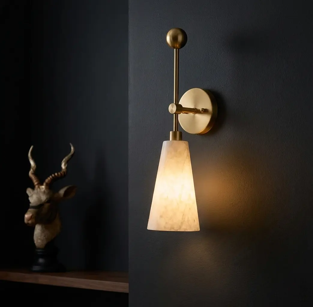 Ball-finial alabaster cone-shade wall sconce glowing on a dark wall beside a brass antelope figurine