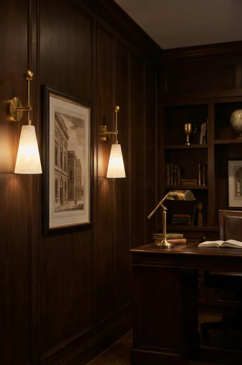 Pair of ball-finial alabaster cone-shade wall sconces flanking framed art in a wood-paneled office