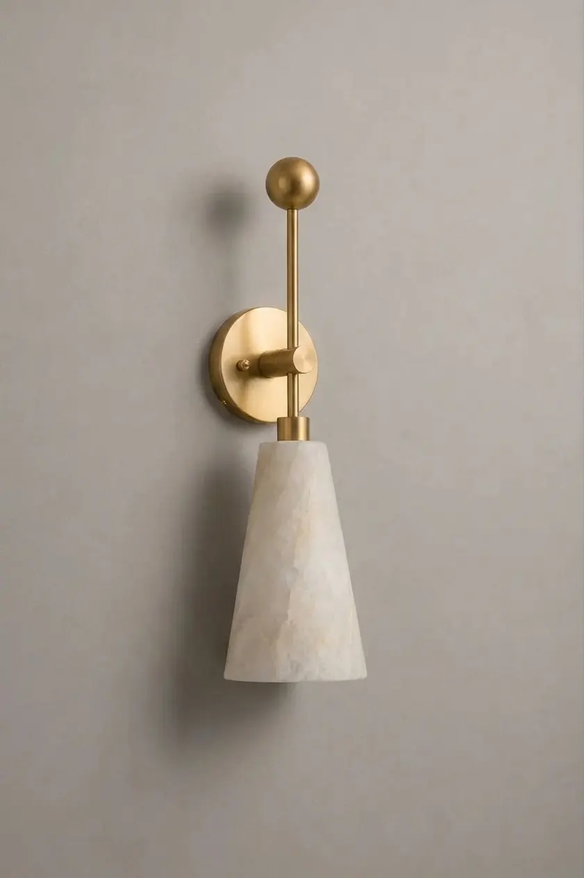 Ball-finial alabaster cone-shade wall sconce in brushed brass finish on a plain neutral wall