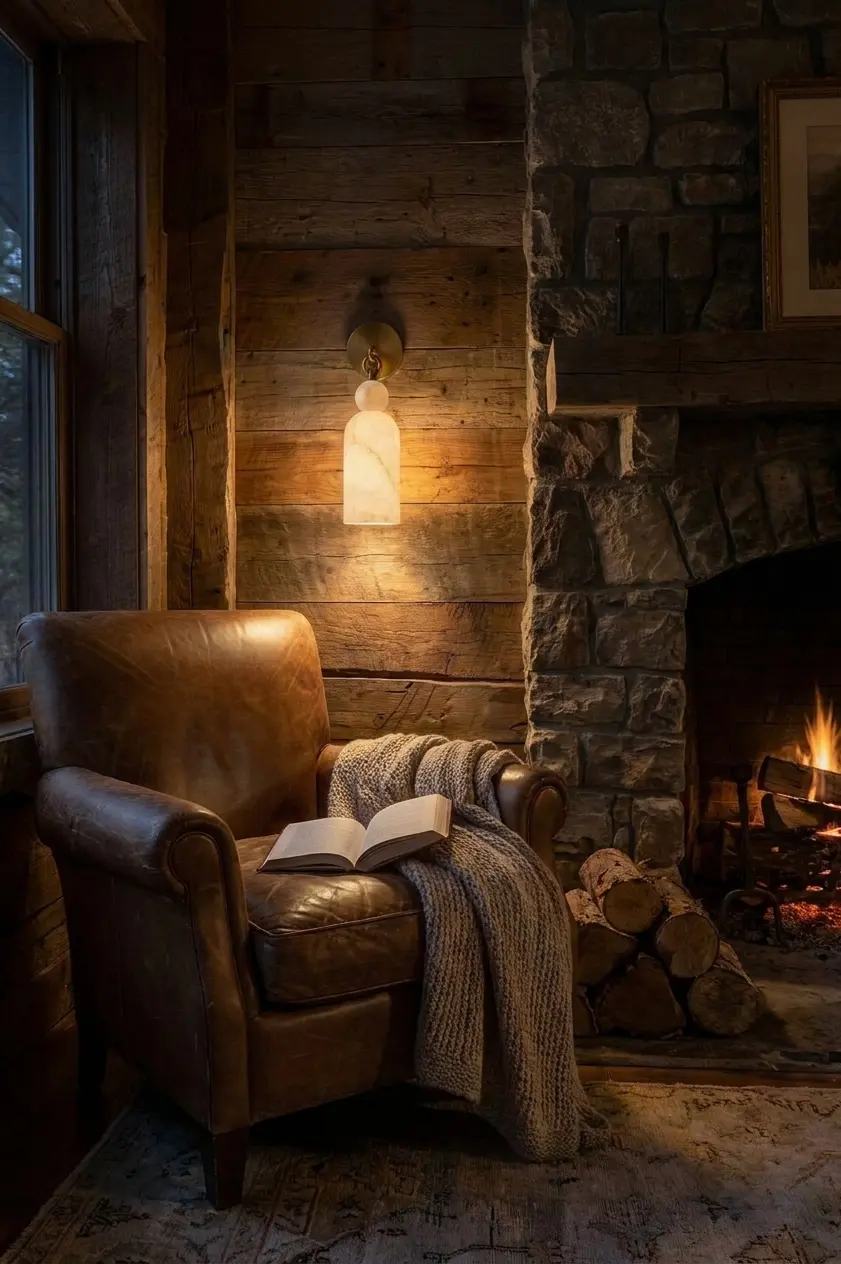 Bell-jar alabaster wall sconce glowing beside a leather armchair and stone fireplace