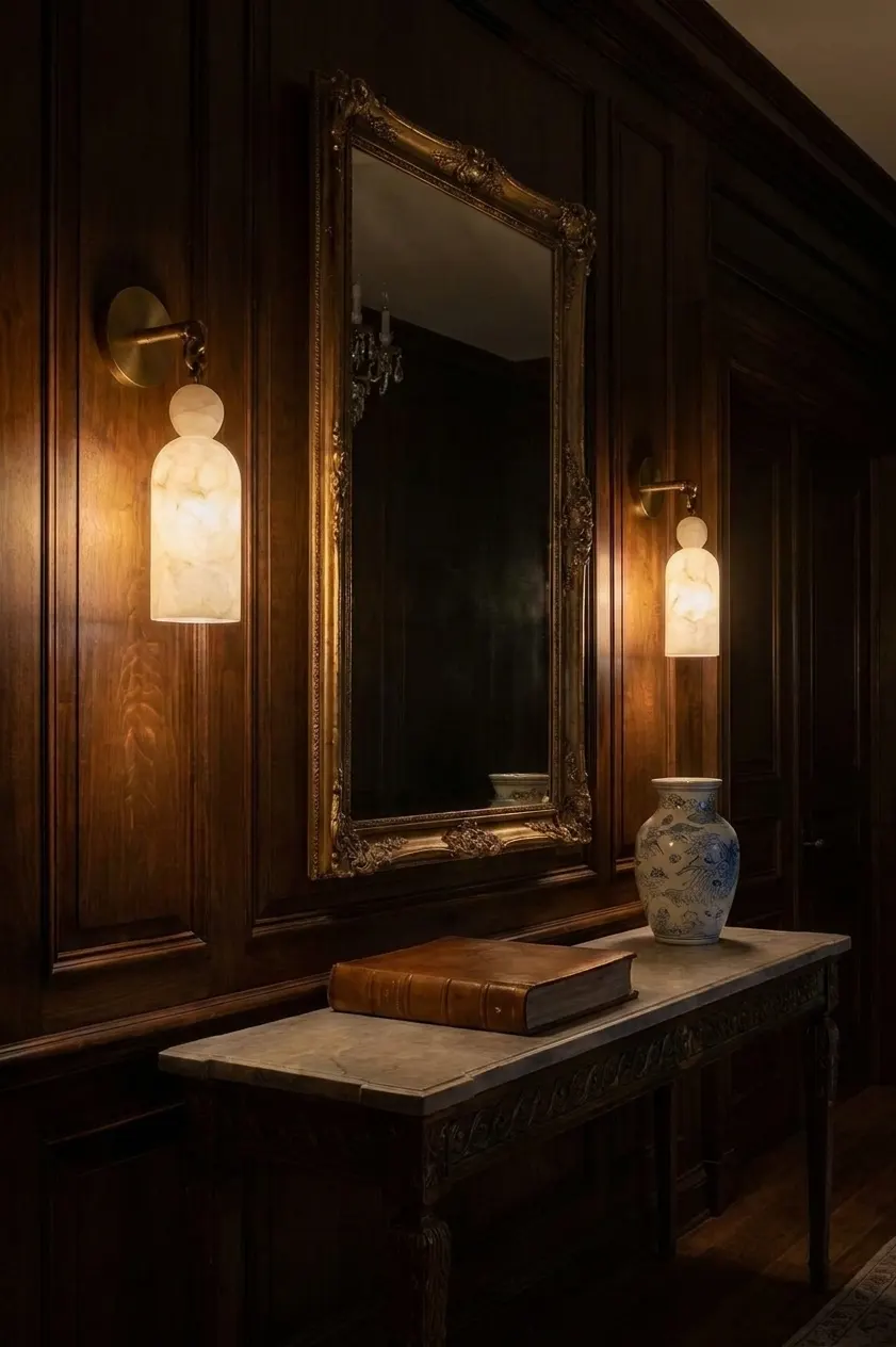 Pair of bell-jar alabaster wall sconces flanking a gilt mirror in a wood-paneled hallway