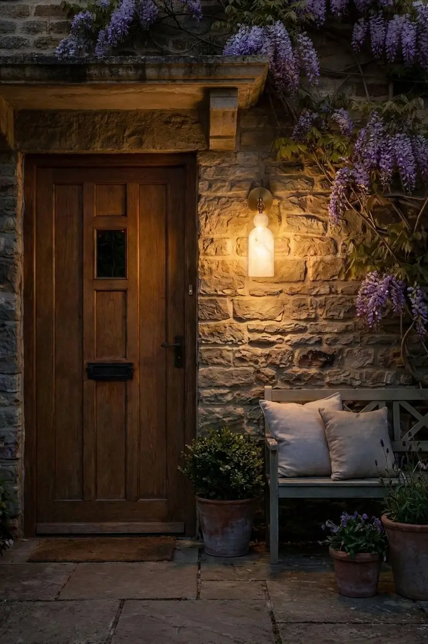 Bell-jar alabaster wall sconce lighting an exterior cottage doorway with wisteria