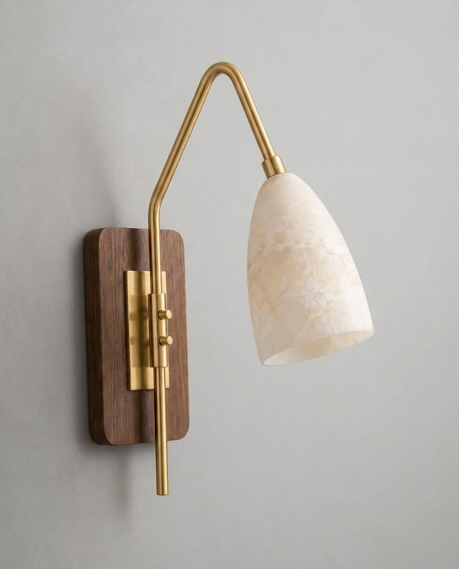 ArtLoka Modern Alabaster Brass Walnut Wall Sconce | Mid Century Scandinavian Light (ALK-033) - image 1