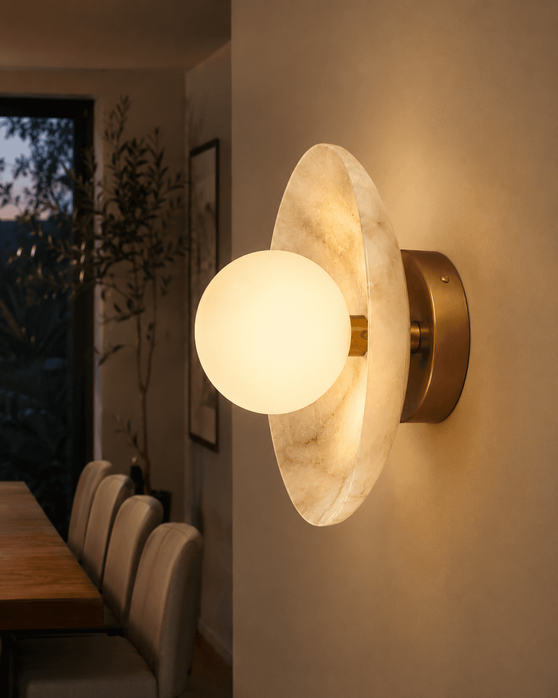 ArtLoka Modern Alabaster Brass Wall Sconce | Minimalist Globe Light, Bathroom Vanity Lam (ALK-034) - image 1